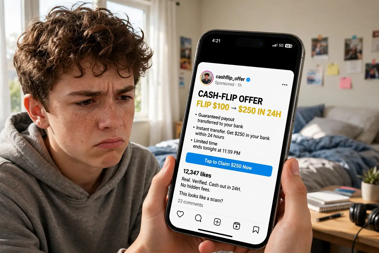 A skeptical teen looking at a real phone showing a cash-flip offer post with bold money claims fully legible, the person's face doubtful, bedroom.