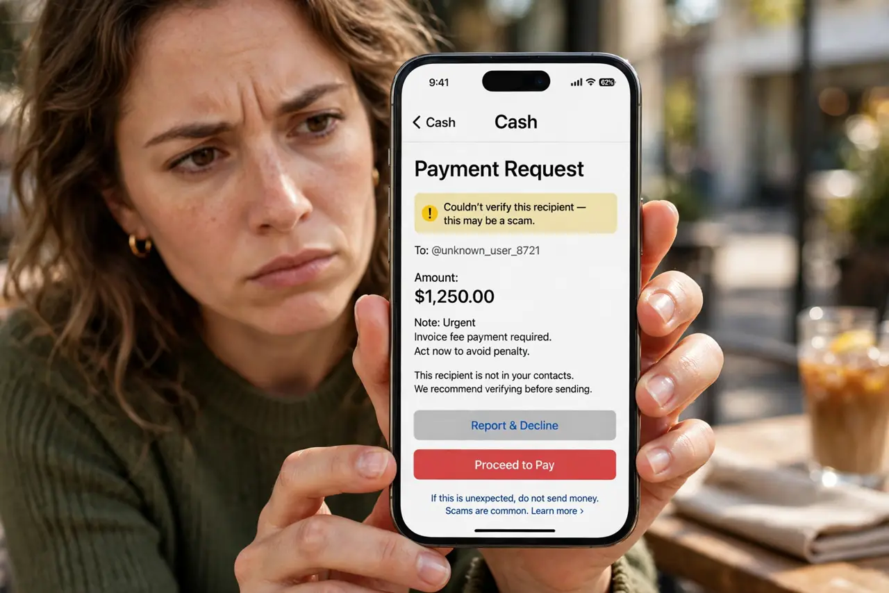 a person holding a real iPhone showing a Cash App-style payment screen with a suspicious message, the person's face skeptical. No black screen, no blank white screen, no fake or ga.