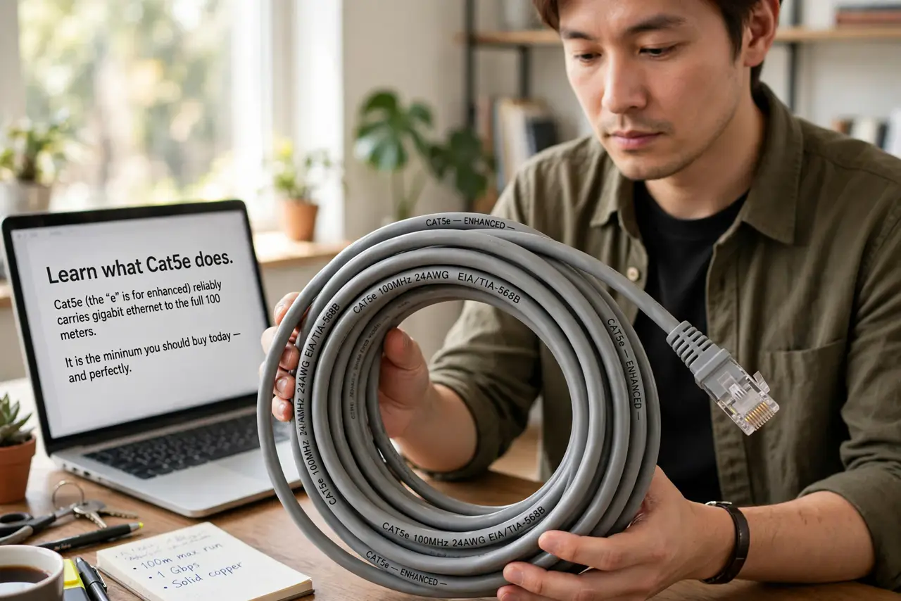 A person performing step 1: Learn what Cat5e does. Cat5e (the “e” is for enhanced) reliably carries gigabit ethernet to the full 100 meter.