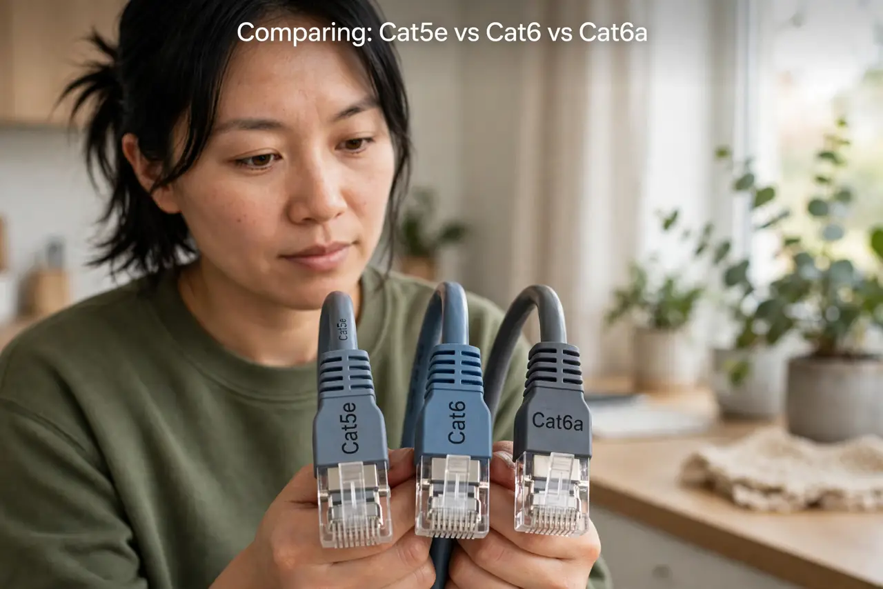 A person holding three real ethernet cables side by side with visible Cat5e, Cat6, and Cat6a printed labels on the jackets, the person's face comparing, home.