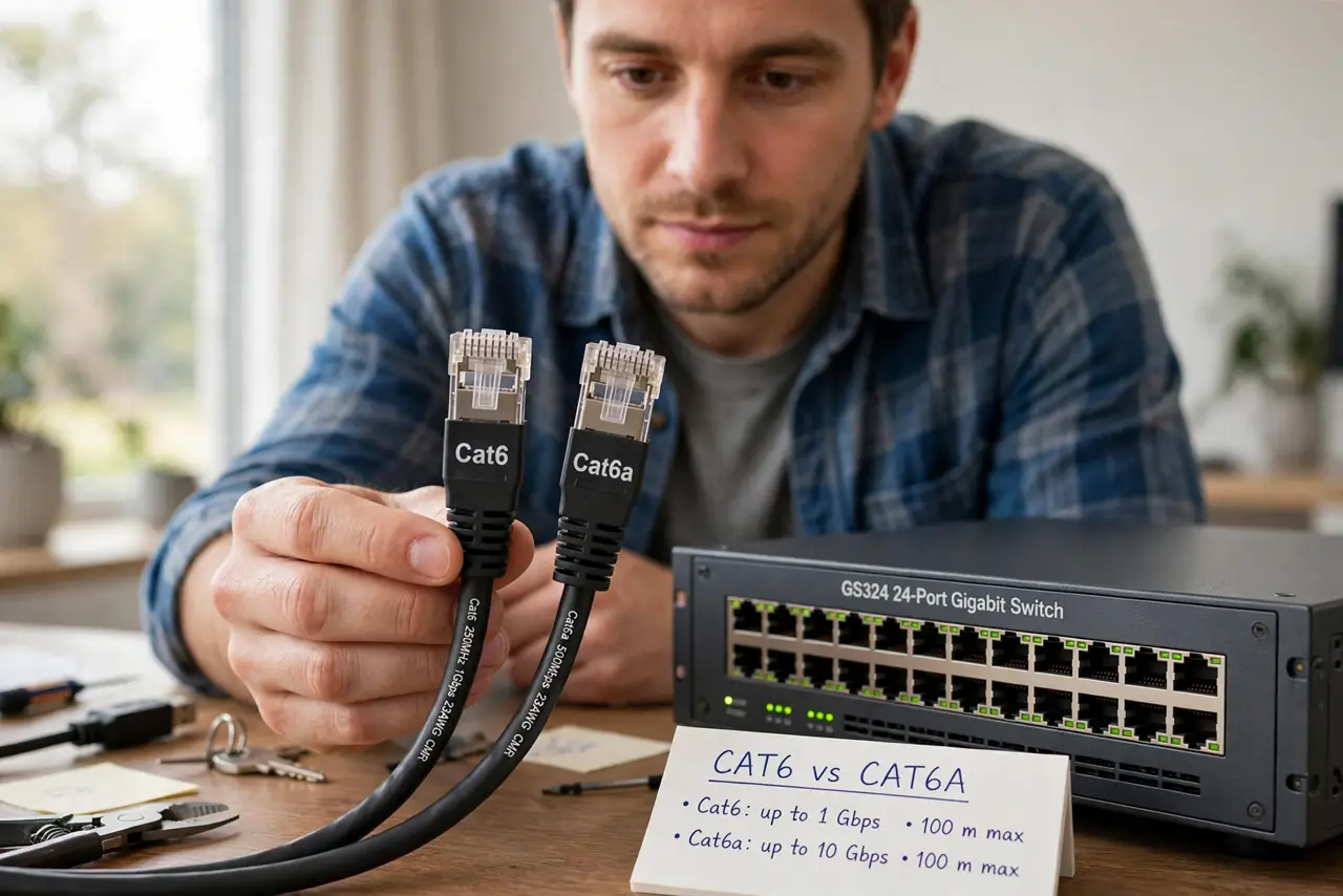 a person holding two real Ethernet cables side by side, one labeled Cat6 and one labeled Cat6a with legible jackets, the person's face comparing, desk.