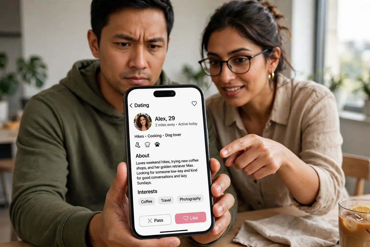 a person looking at a real phone showing a dating app profile, with a skeptical expression, a friend pointing at the screen, indoor lighting, the person's fa...
