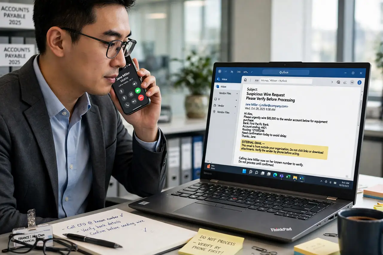 A person performing the first step: Verify outside the email. Call the executive's known number or walk to their office. The scammer controls the email.