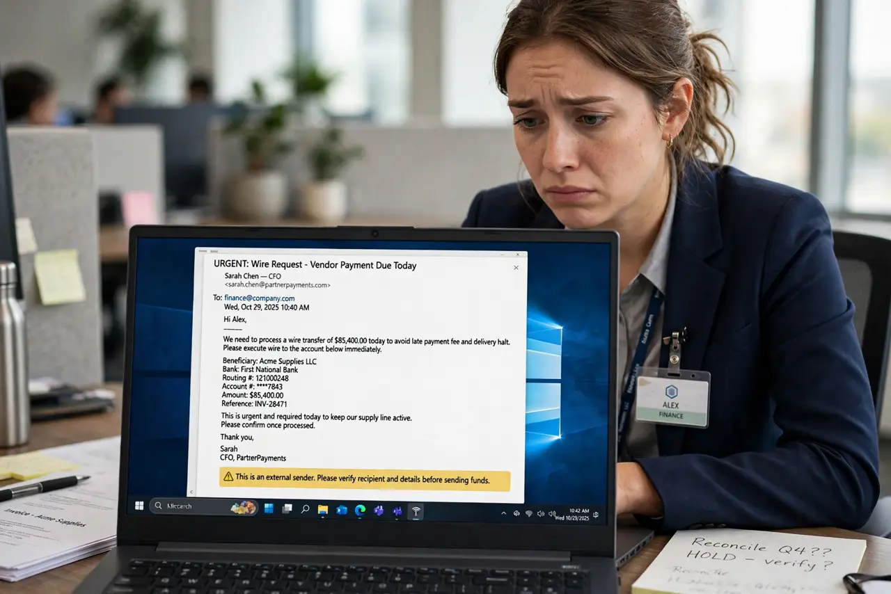 An uneasy finance employee at a real laptop showing an urgent wire request email fully legible, the person's face conflicted, office.