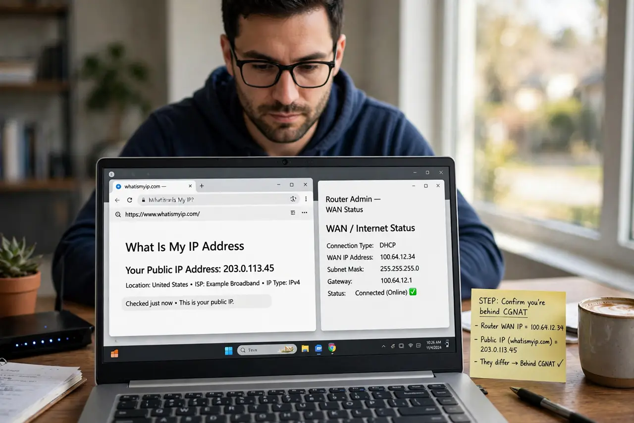 A person performing the guide's first step: Confirm you are behind CGNAT. Check your router's WAN IP and compare it to a 'what is my IP' site. If they differ — or the WAN IP falls in…
