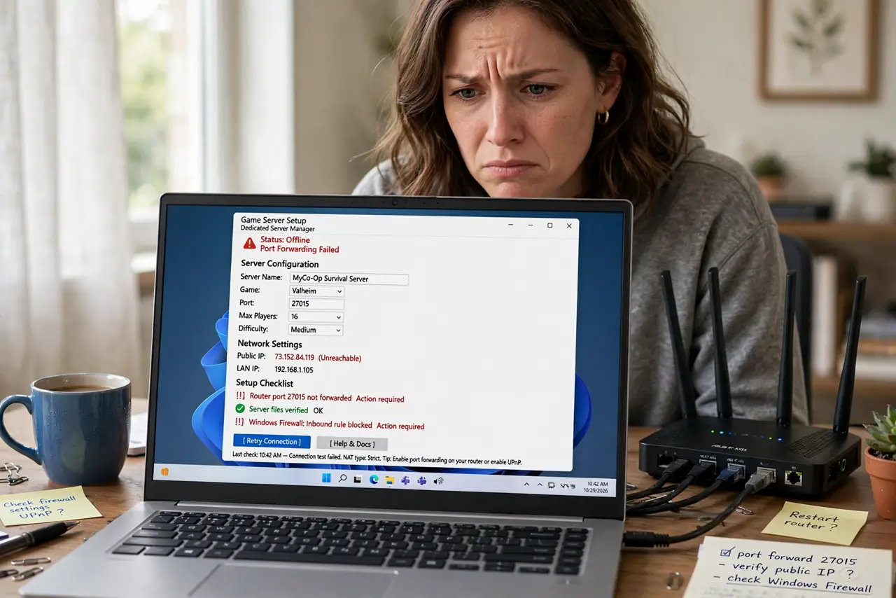A person at a real PC showing a game server setup screen with legible settings, a router beside the desk, the person's face frustrated but determined, home office.