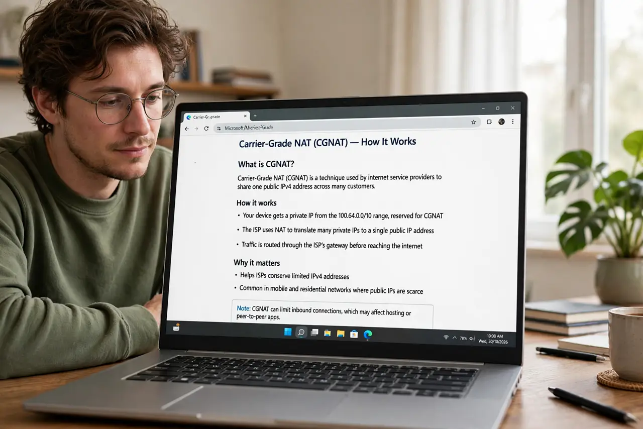 Photoreal photo of a person performing the first step: Learn what CGNAT actually is. Carrier-Grade NAT means your ISP puts many customers behind on...