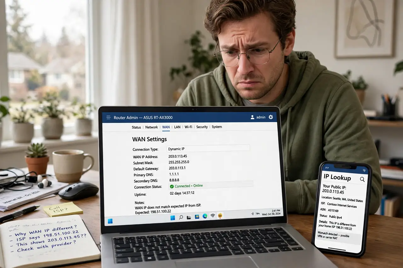 Photoreal photo: a person looking at a real router's admin page on a real laptop showing WAN IP settings with legible text, a second phone showing an IP lookup result, the person's face puzzled, home office. No bla...