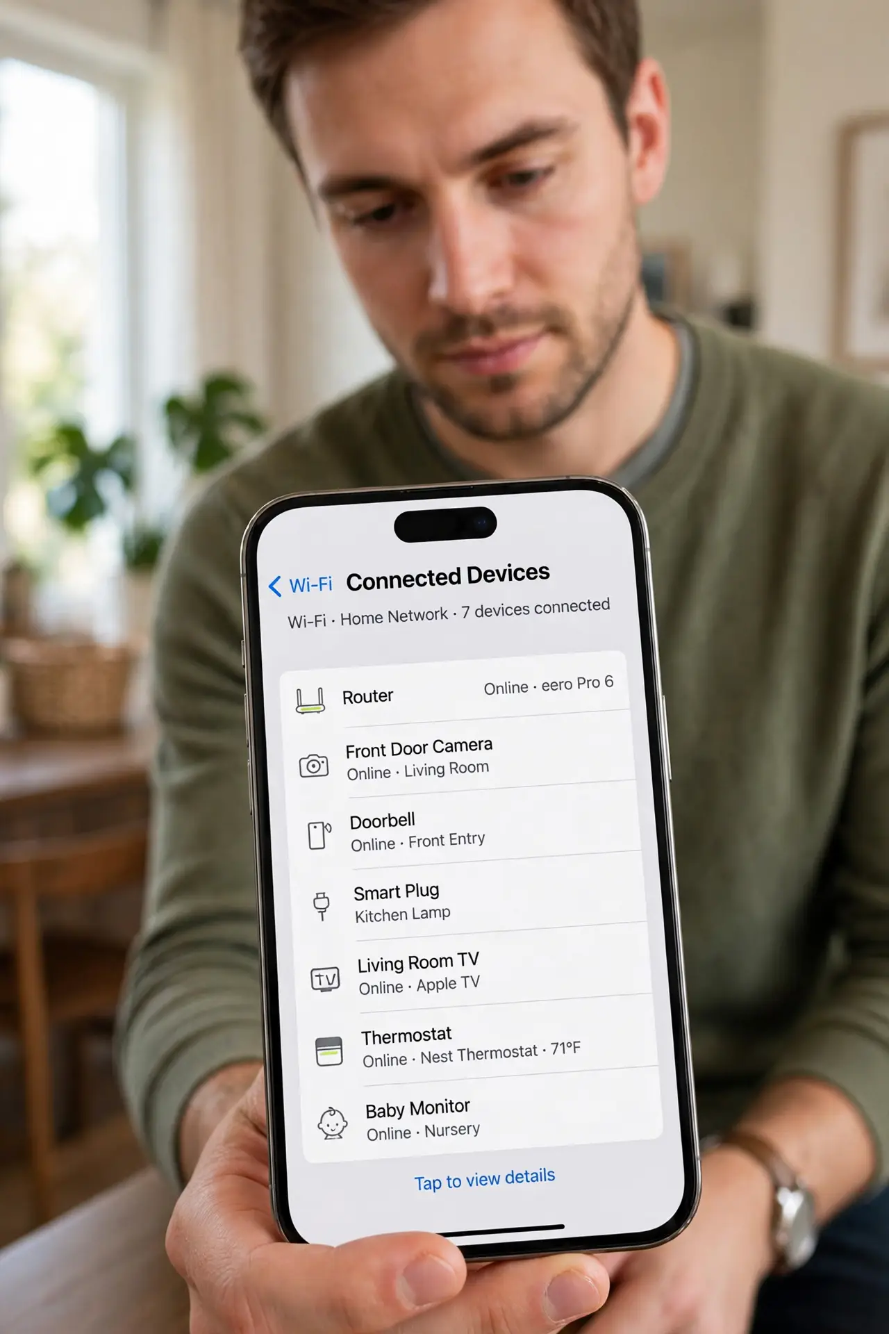 A person performing step 1: List every connected gadget. Walk the house mentally: cameras, router, doorbell, smart plugs, TV, thermostat, .