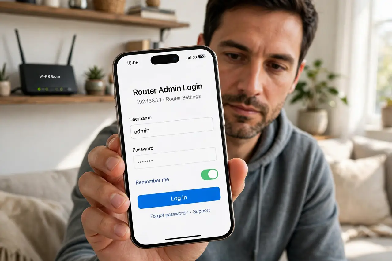 A person holding a real smartphone showing a router admin login page with legible text, a Wi-Fi router on a shelf behind them, the person's face determined, living.