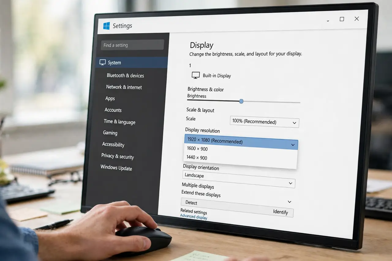 A hand on a mouse in front of a real monitor showing Windows Display Settings with 1920 by 1080 marked Recommended selected.