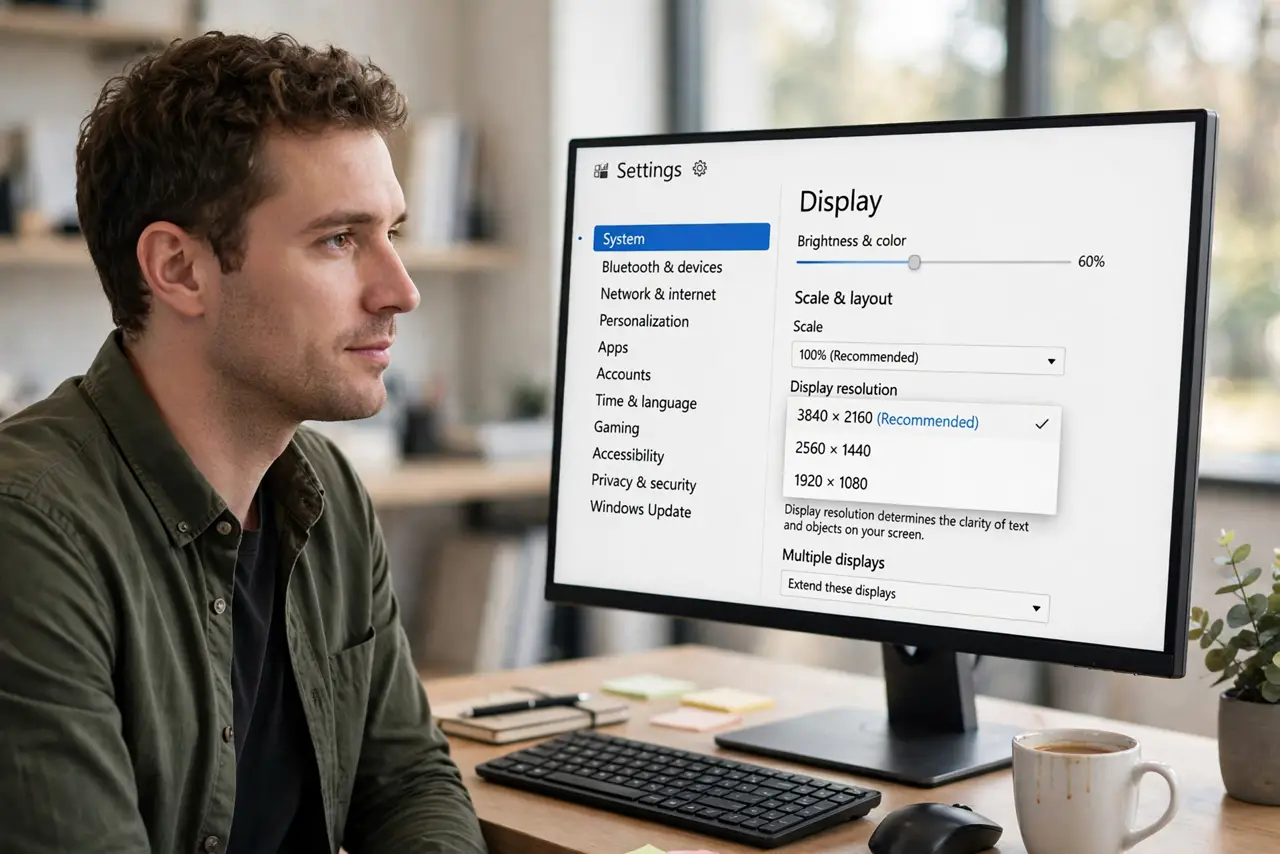 A calm man at a desk looking at a real monitor showing Windows Display Settings with the Display resolution dropdown open.