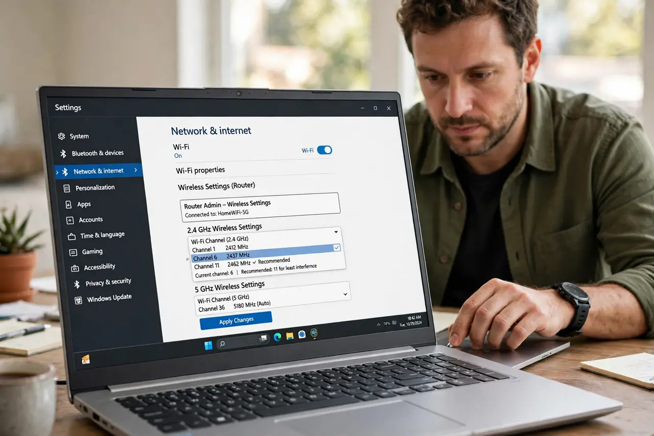 Change Your Wi-Fi Channel for Less Interference — a person selecting a Wi-Fi channel on a real laptop showing router wireless settings with channel numbers legi