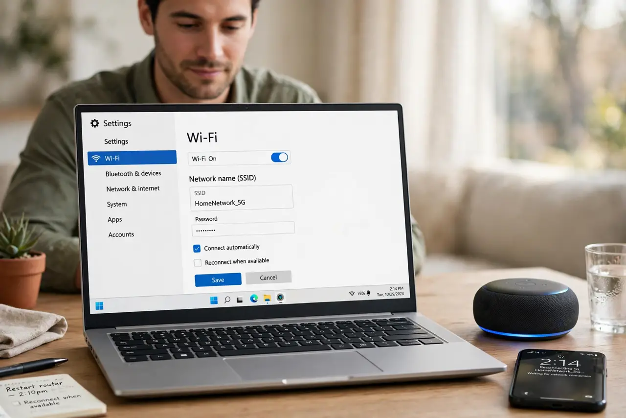 Change Your Wi-Fi Name Without Breaking Devices — a person updating Wi-Fi settings on a real laptop with the SSID field legible, a phone and smart speaker nearb
