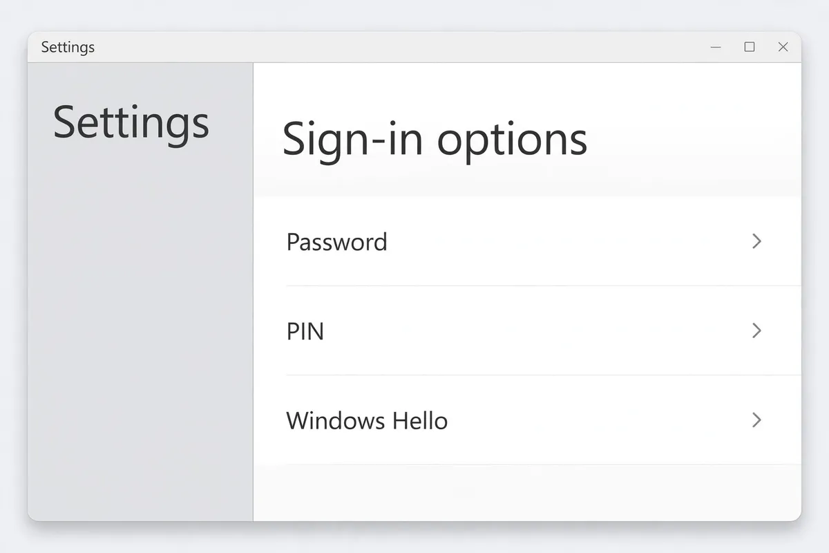 Windows Settings recreation showing the Sign-in options screen with Password, PIN, and Windows Hello rows.