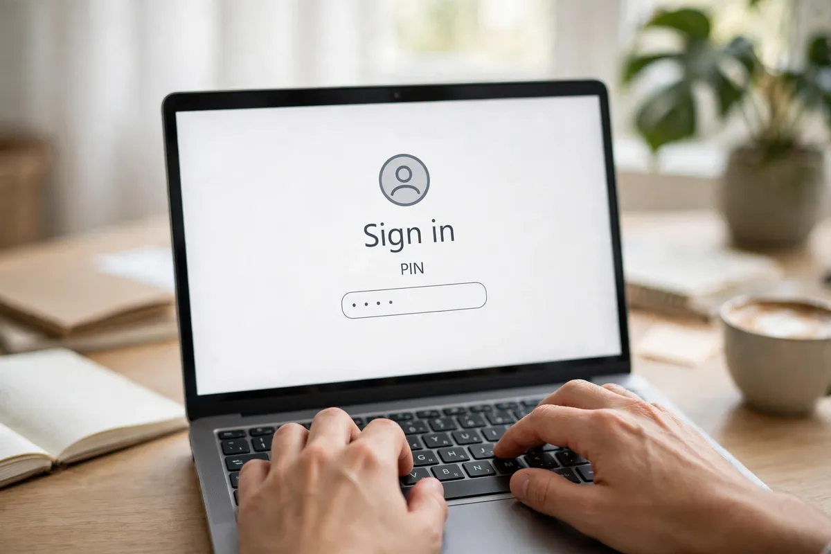 Hands typing a PIN on a laptop at a bright desk, with a sharp Windows sign-in screen showing Sign in and a PIN field.