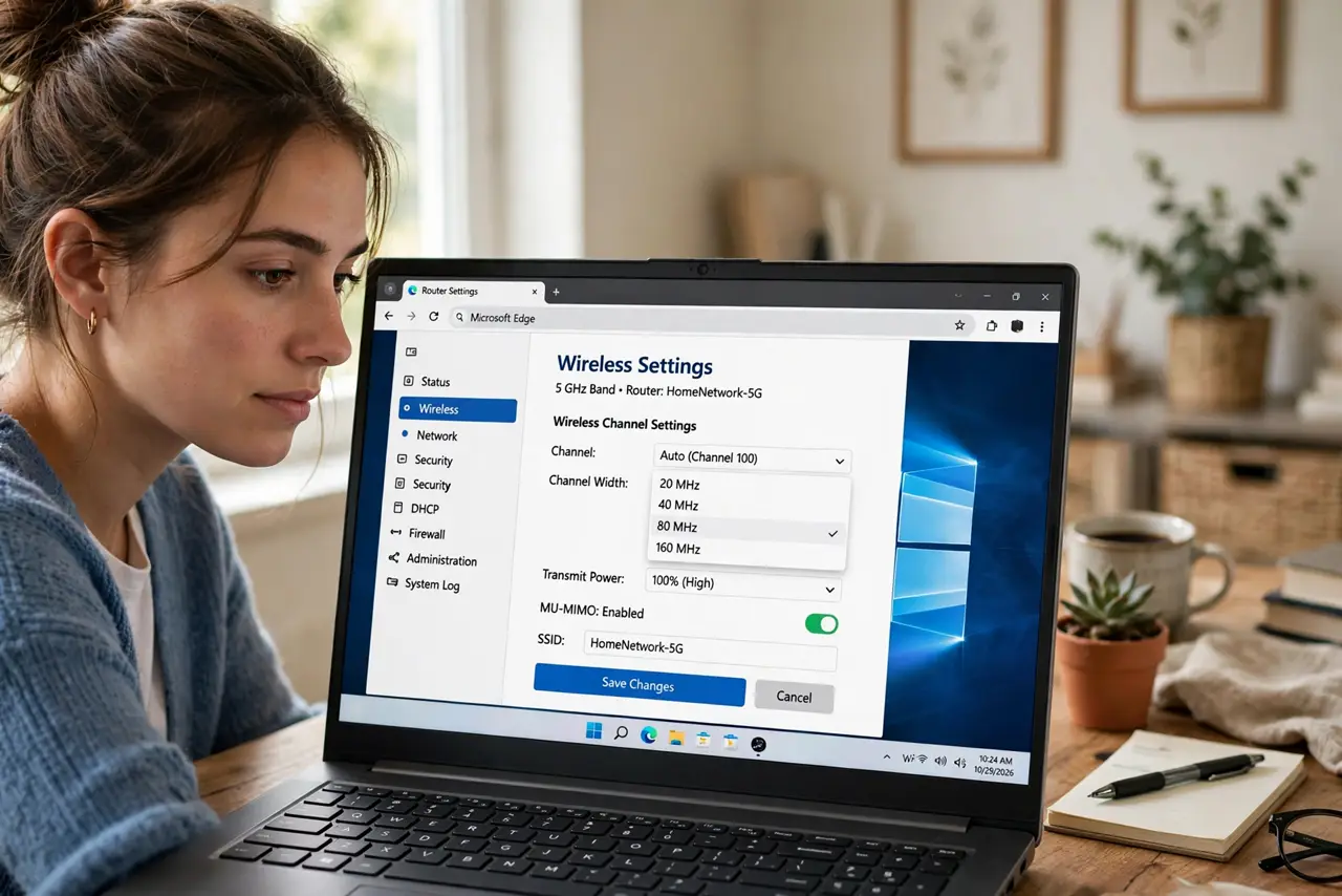 a person looking at a real router's settings page on a laptop showing channel width options with legible text, the person's face thoughtful, home office.