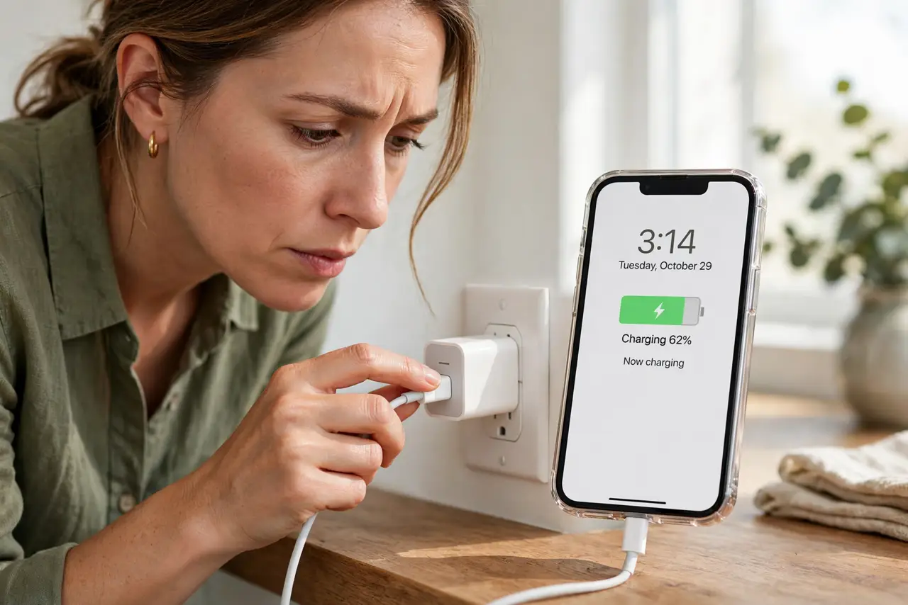 A cautious adult touching a real phone charger plugged into a wall outlet, the charger slightly warm, the person checking it with a careful expression, phone charging normally beside it.