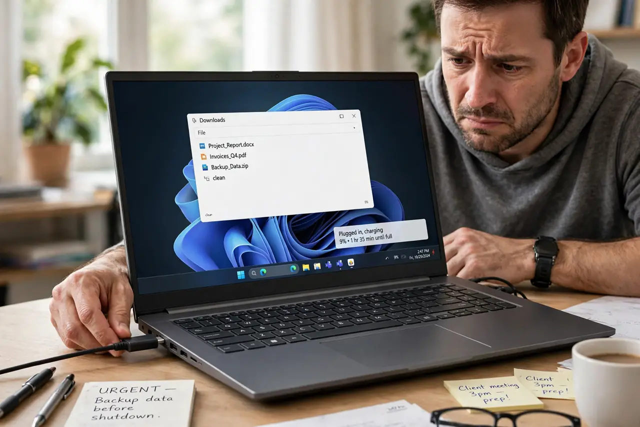 A worried adult plugging a charger into a Windows laptop while the battery icon shows it is not charging.