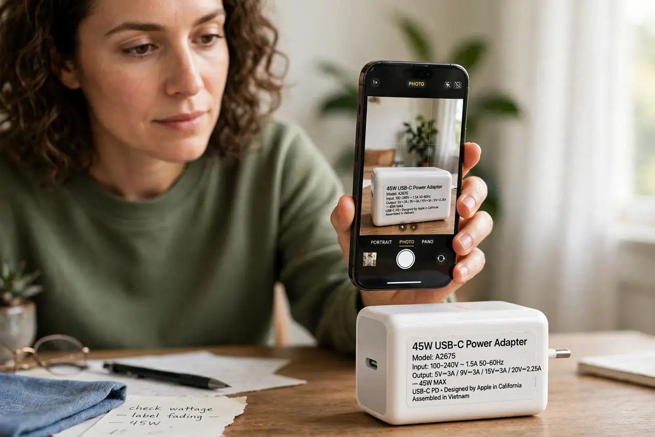 A person performing the first step: Read the original charger's label. The W number printed on the brick is your.