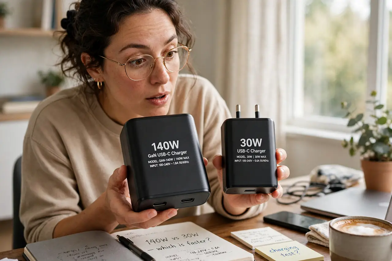 A person holding two real chargers of different sizes side by side, wattage labels legible, the person's face curious,