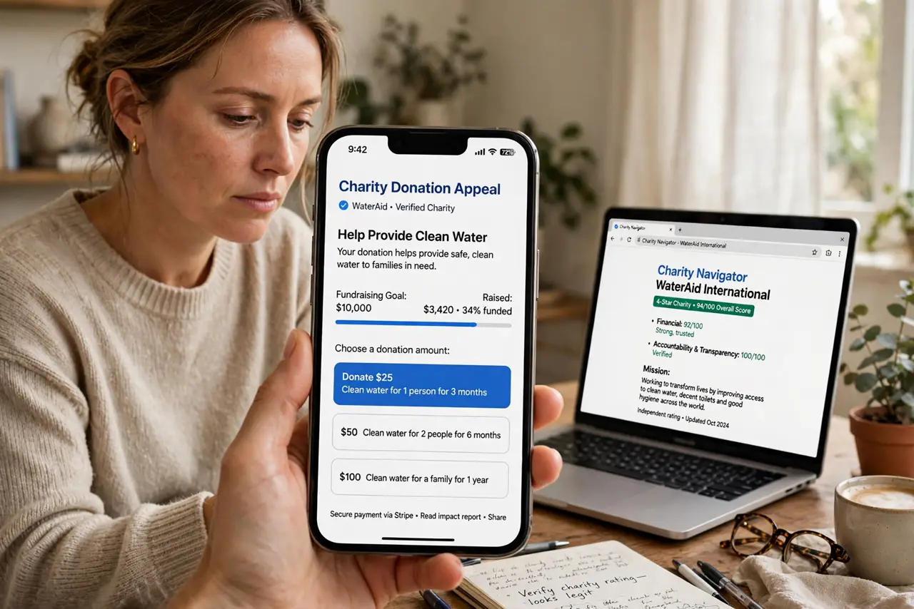 a person holding a real phone showing a charity donation appeal, looking thoughtful, a real laptop open beside them for verification, home setting, daylight. No black screen, no bl.