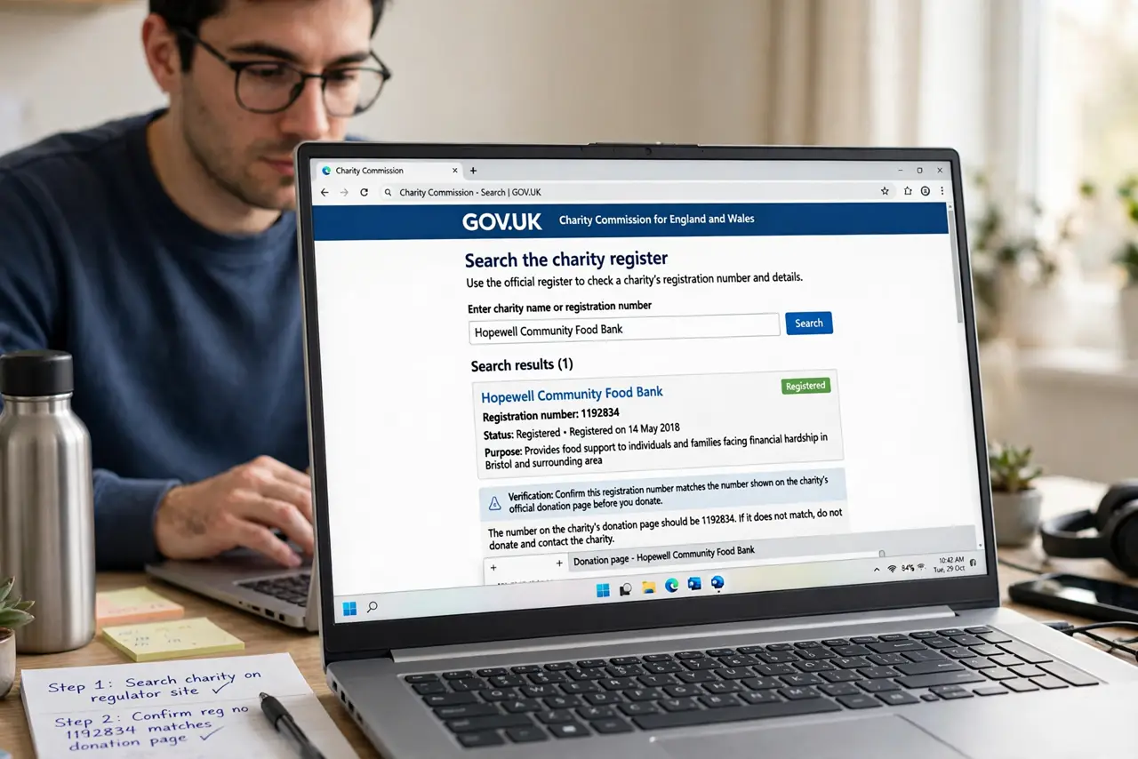 A person performing the first step of the guide: Pause before any urgent appeal. Scammers manufacture urgency — 'donate in the next hour'. Real charities.