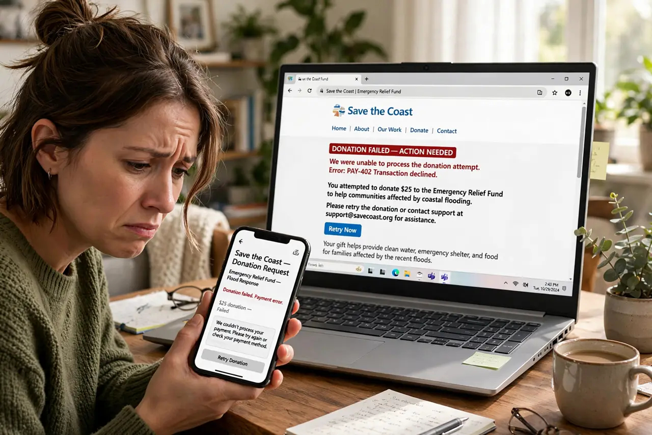 A person holding a smartphone with a concerned expression while looking at a donation request, laptop showing a charity website in the background.