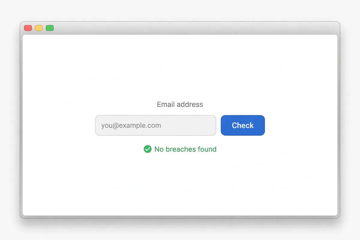 Example recreation of a breach-check page with an email address entered and a result reading No breaches found.