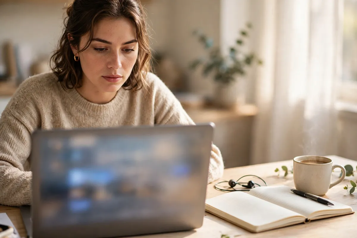 A woman working at a laptop in a bright room with a notebook and coffee beside her, checking whether her email appears in a data breach.