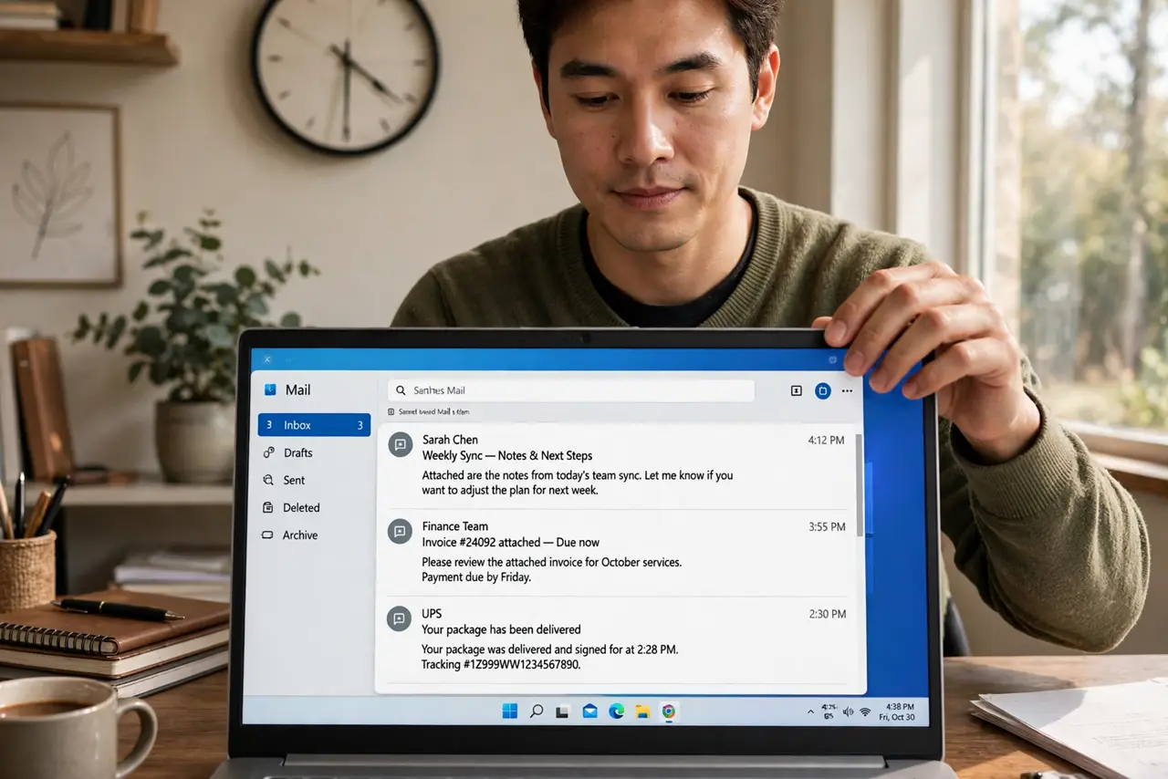 A person closing a laptop showing an email inbox with legible text, a clock on the wall showing late afternoon, the person's face calm and in control, home.