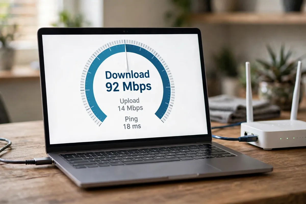 A laptop on a wooden desk connected by cable to a white router, its screen showing a speed test result of Download 92 Mbps, Upload 14 Mbps and Ping 18 ms.