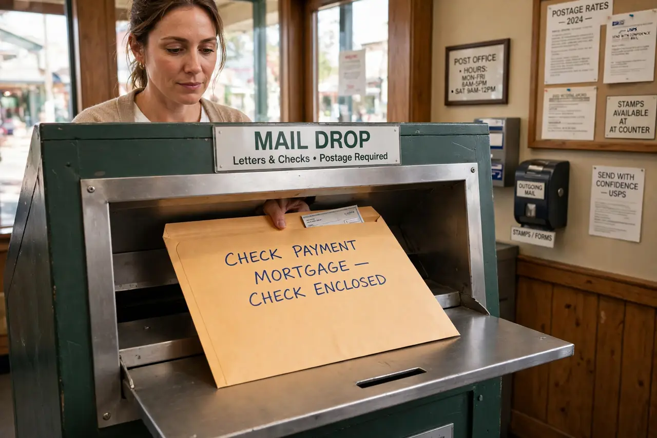 A person performing the first step: Mail checks from inside the post office. Drop envelopes inside the post office, not in curbside boxes — thieves fish.