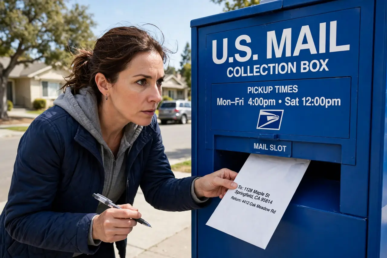 A cautious adult dropping an envelope into a blue USPS collection box in daylight, holding a gel ink pen, the person's face alert, suburban street.