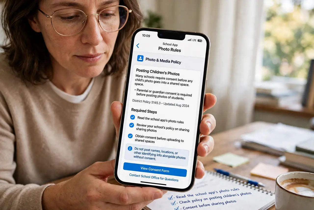 A person performing step 1 of the guide: Read the school app's photo rules. Check the app's or school's policy on posting children's photos. Many schools require consent before...