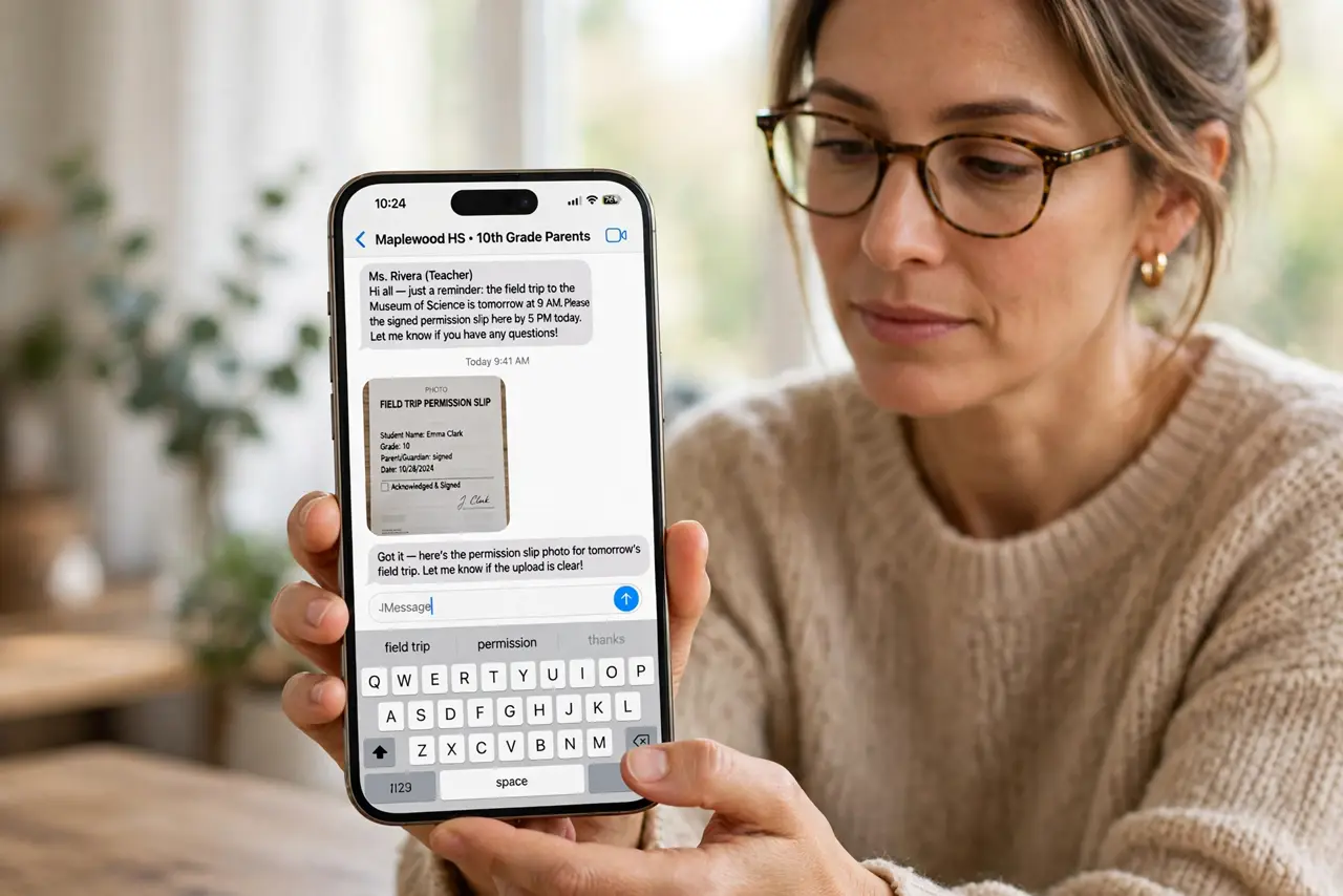 a calm adult holding a real iPhone showing a normal school messaging app with a photo share preview and legible text, the person pausing before sending