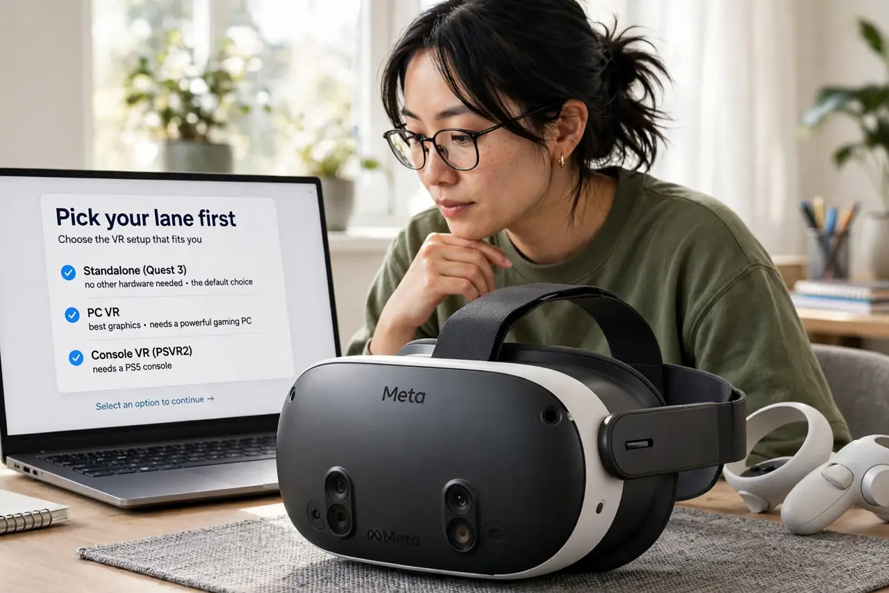 A person performing the guide's first step: Pick your lane first. Standalone (Quest 3): no other hardware needed, the default choice. PC VR: best graphics, needs a powerful gaming PC.…