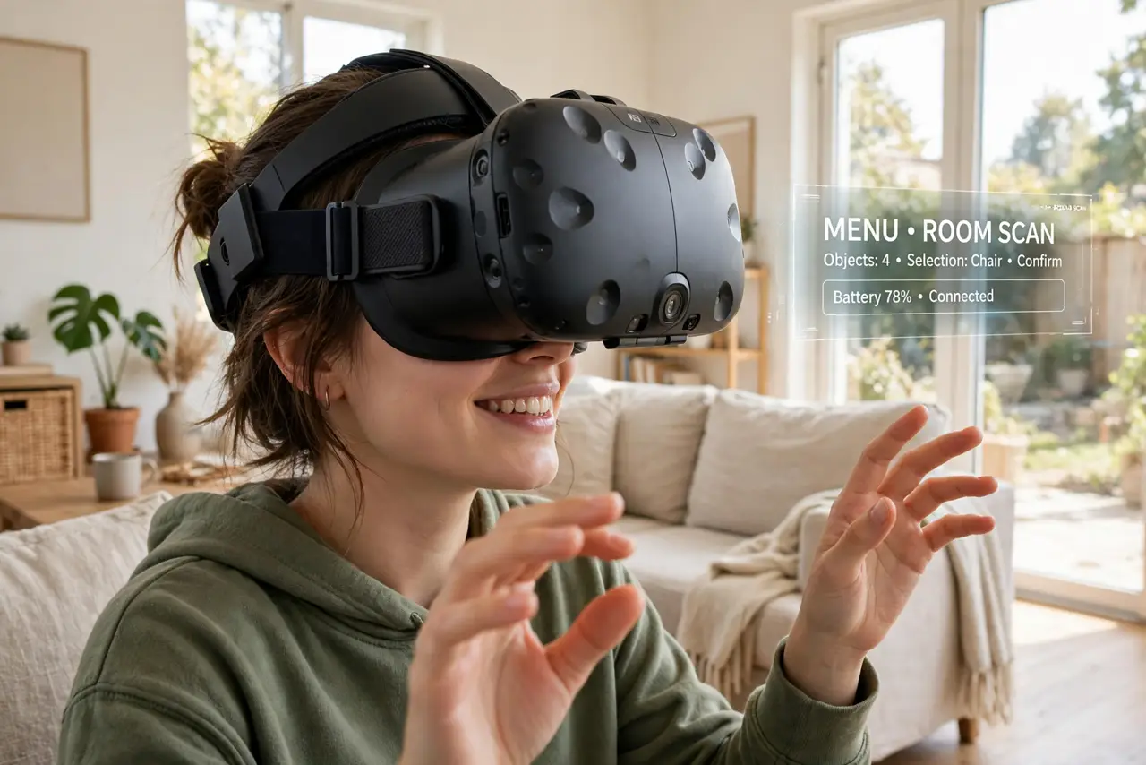 A person wearing a real VR headset in a living room, the headset clearly visible, the person's hands gesturing as if interacting, face partly visible and delighted, daylight.