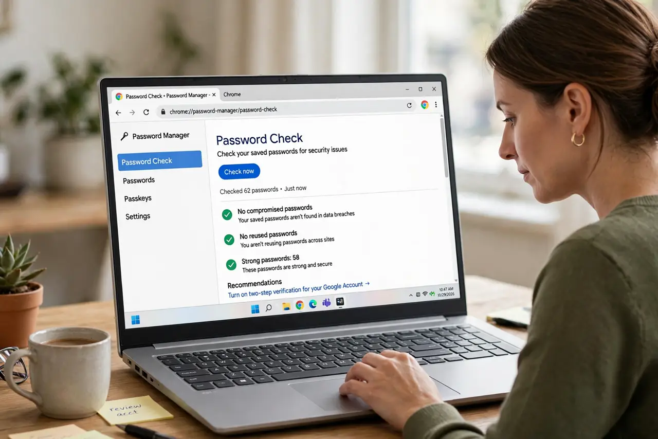 Step 1 in action for Chrome Says Your Password Was Compromised: Open Chrome's password check.