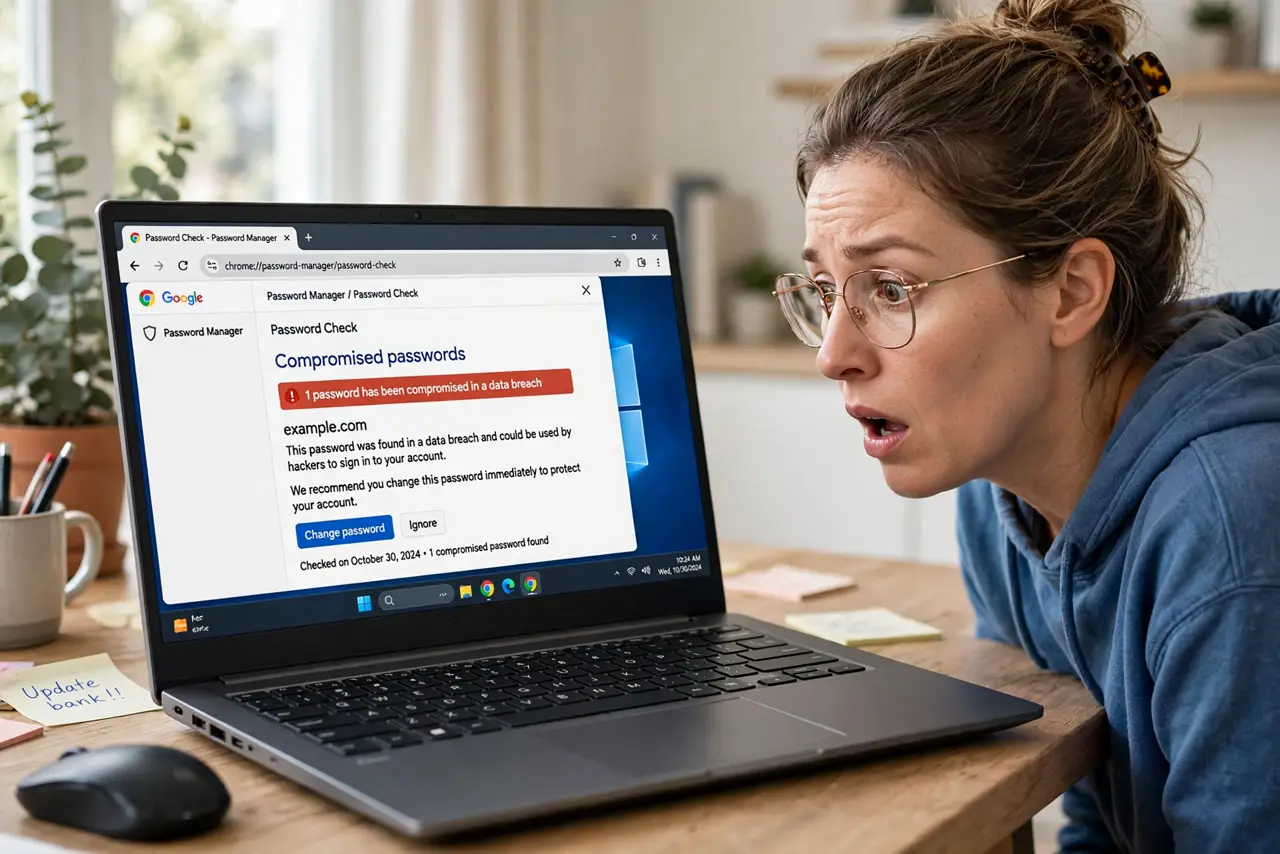 Chrome Says Your Password Was Compromised — a surprised adult looking at a real laptop showing Chrome's password compromised warning, the warning text ful