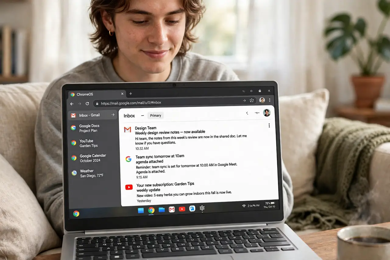 a person using a real Chromebook on a couch, the screen showing a browser with legible tabs, the person's face relaxed. No black screen, no blank white screen, no fake or garbled s.