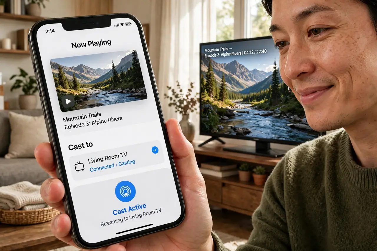 A person casting a video from a real phone to a real TV, the TV screen showing a legible streaming video, the phone screen showing the cast button,.