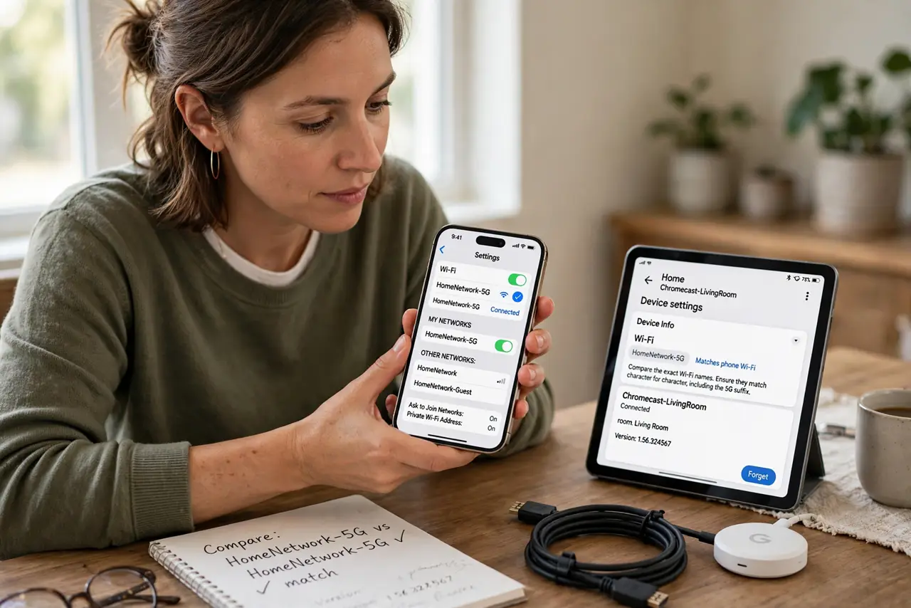 A person performing step 1 of the guide: Compare the exact Wi-Fi names. Open Wi-Fi settings on the phone and the Google Home app for the Chromecast. The names must match character for character, including 5G suffixes that...