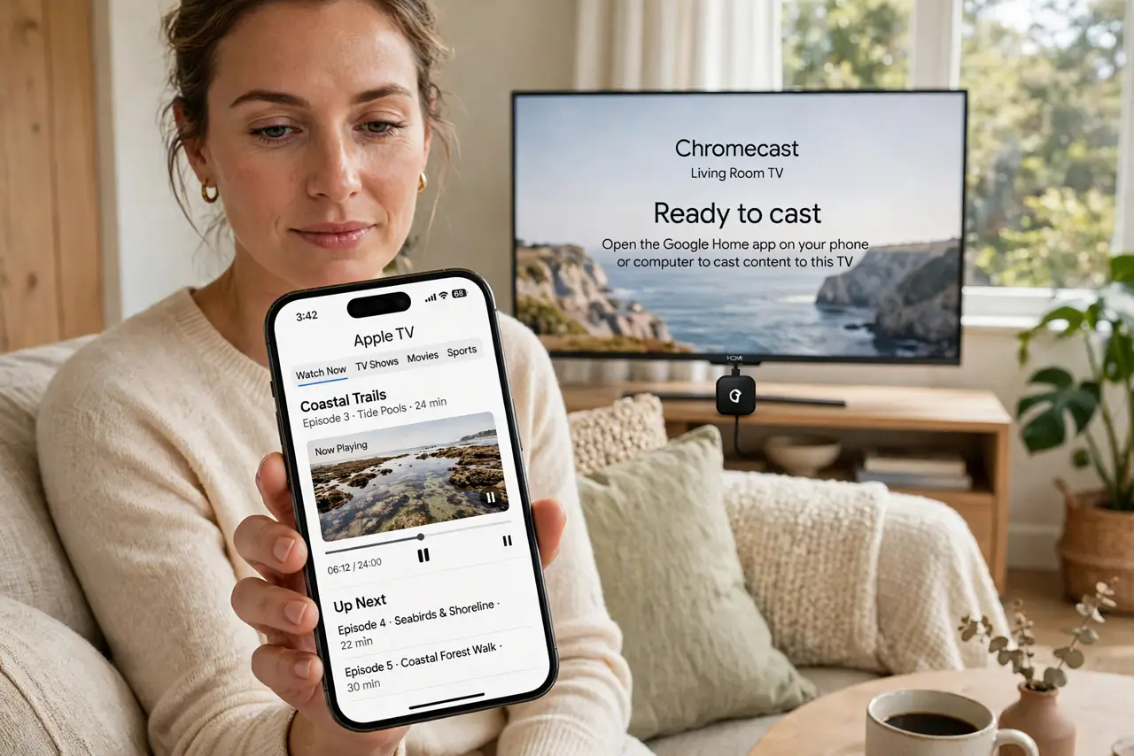 a calm adult on a couch holding a real phone showing a video app with no cast icon, a TV with a Chromecast plugged in showing its idle screen, both screens legible. No black screen, no blank white screen, no fake or g...