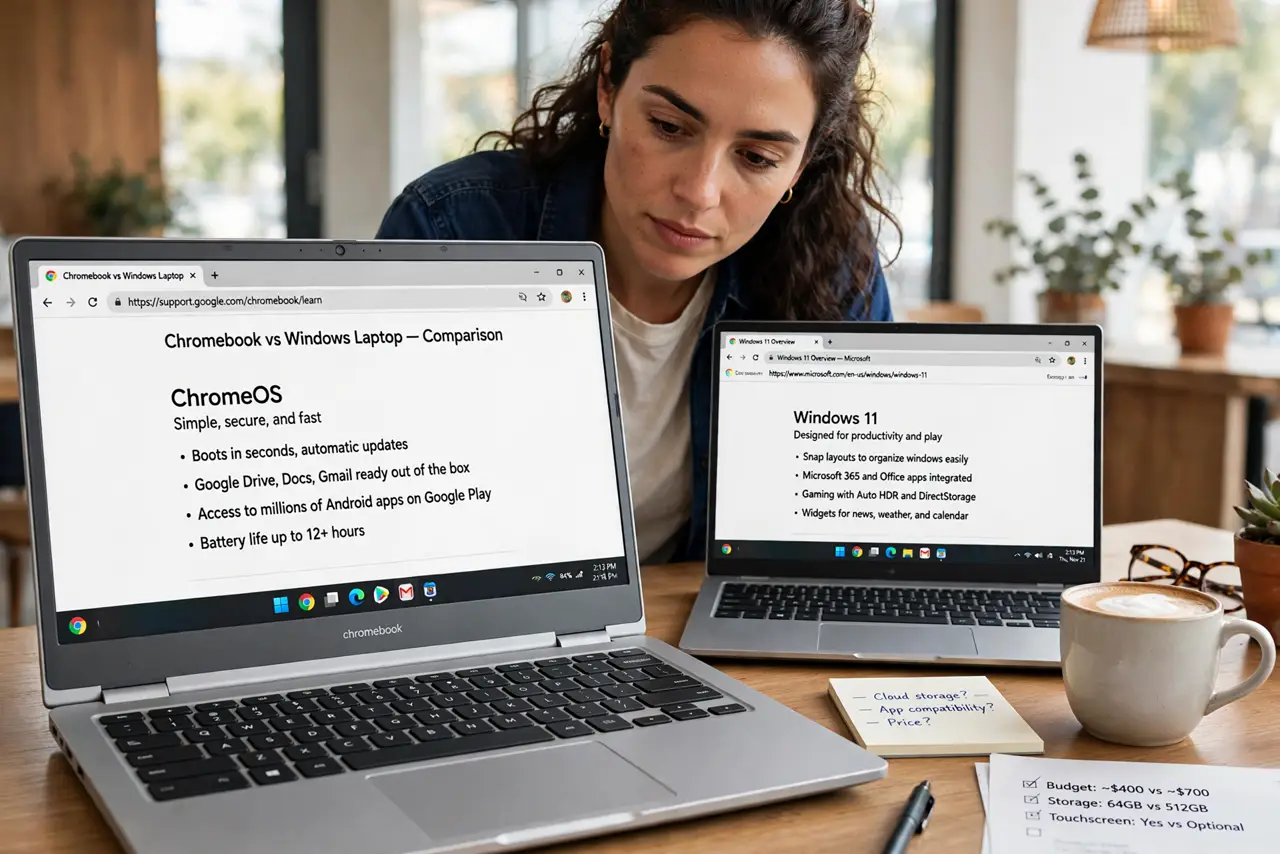 a person comparing a real Chromebook and a real Windows laptop side by side on a table, both showing browsers with legible text, the person's face deciding. No black screen, no bla.