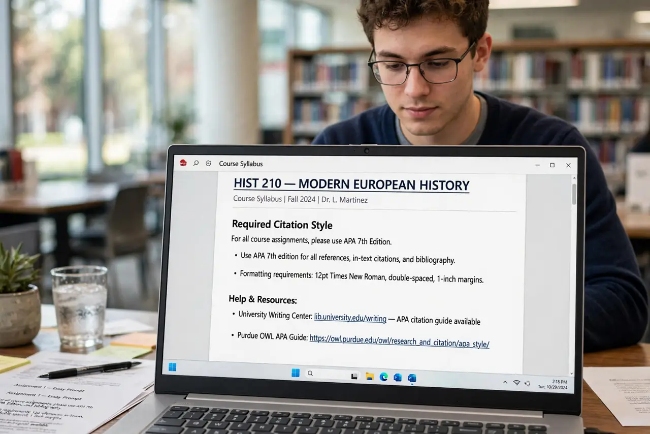 Photoreal photo of a person performing the first step: Find out which style is required. Check the assignment or syllabus — APA, MLA, and Chicago form