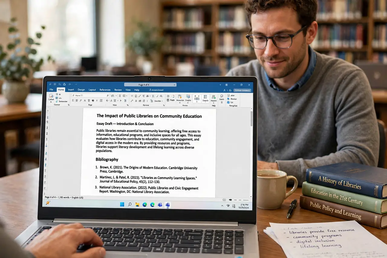 Photoreal photo: a person writing an essay on a real laptop showing a document with a legible bibliography list at the end, a stack of books beside, the person's face focused, library desk. No black screen, no blank white screen, no f