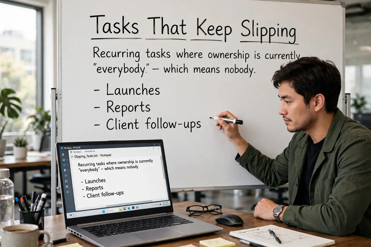 A person performing step 1: List the tasks that keep slipping. Write down the recurring tasks where ownership is currently 'everybody' — w.