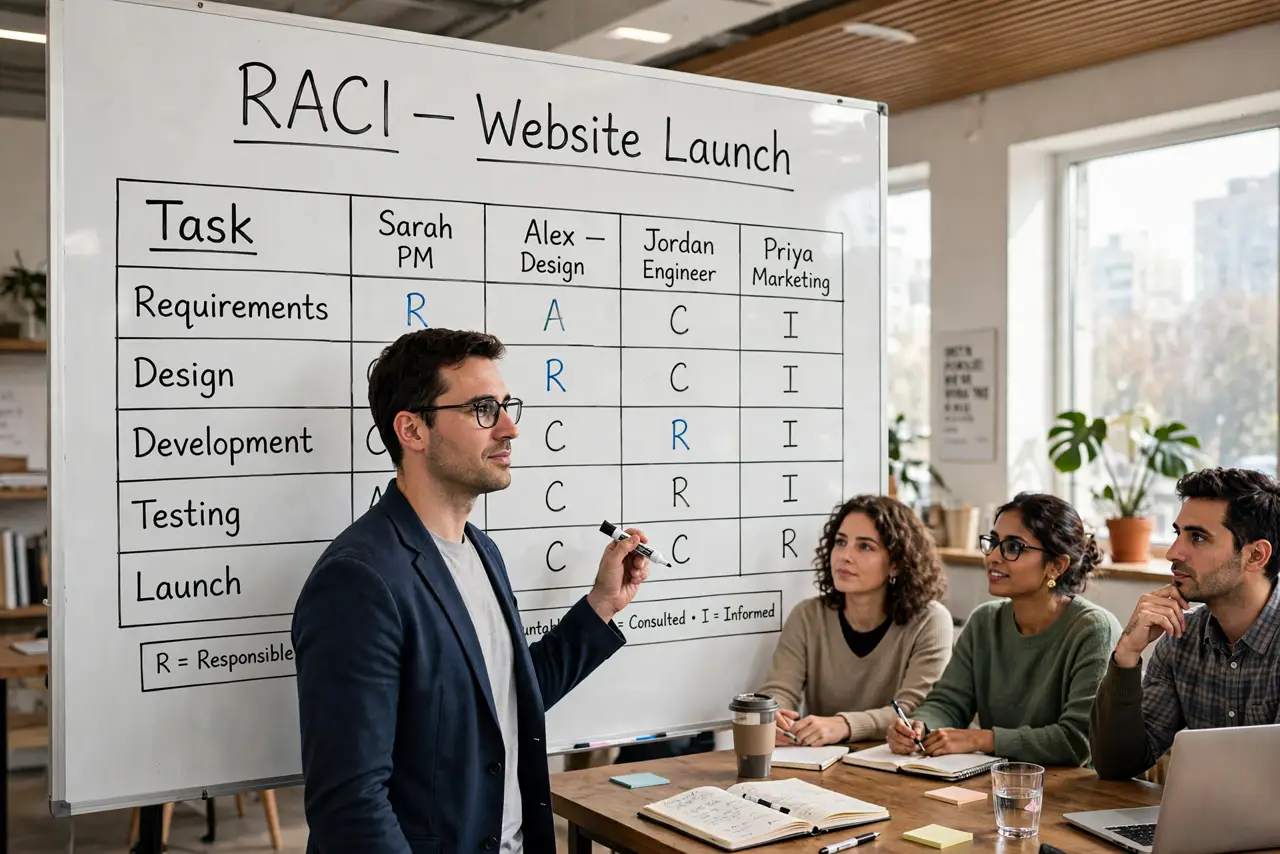A person at a real whiteboard with a legible RACI chart grid showing roles and names, a marker in hand, teammates seated around a real table, the person's.
