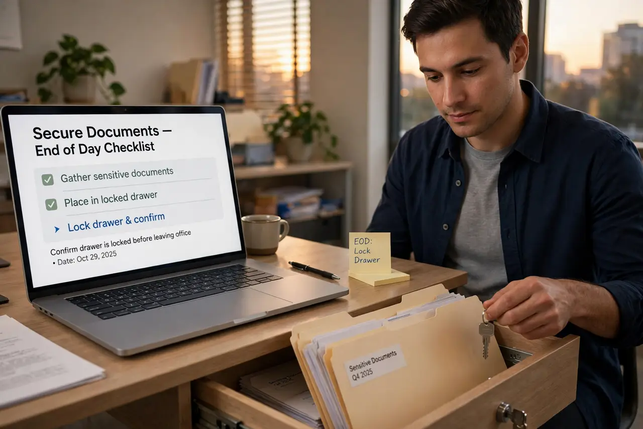 a person locking sensitive documents into a real office desk drawer at end of day, the desktop clear and tidy, warm office evening light, the person's face c...